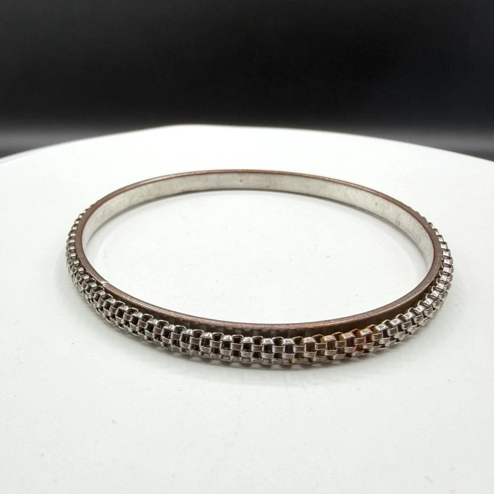 Silver Tone Woven Chain Bangle Bracelet Textured Mesh Stackable Minimalist Gift
